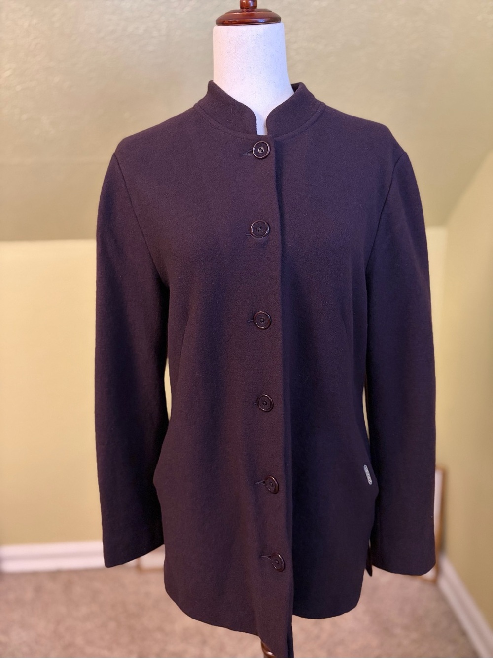 Vintage GEIGER Austria Pure New Wool Sweater Jacket Cardigan Coat Plum Purple
